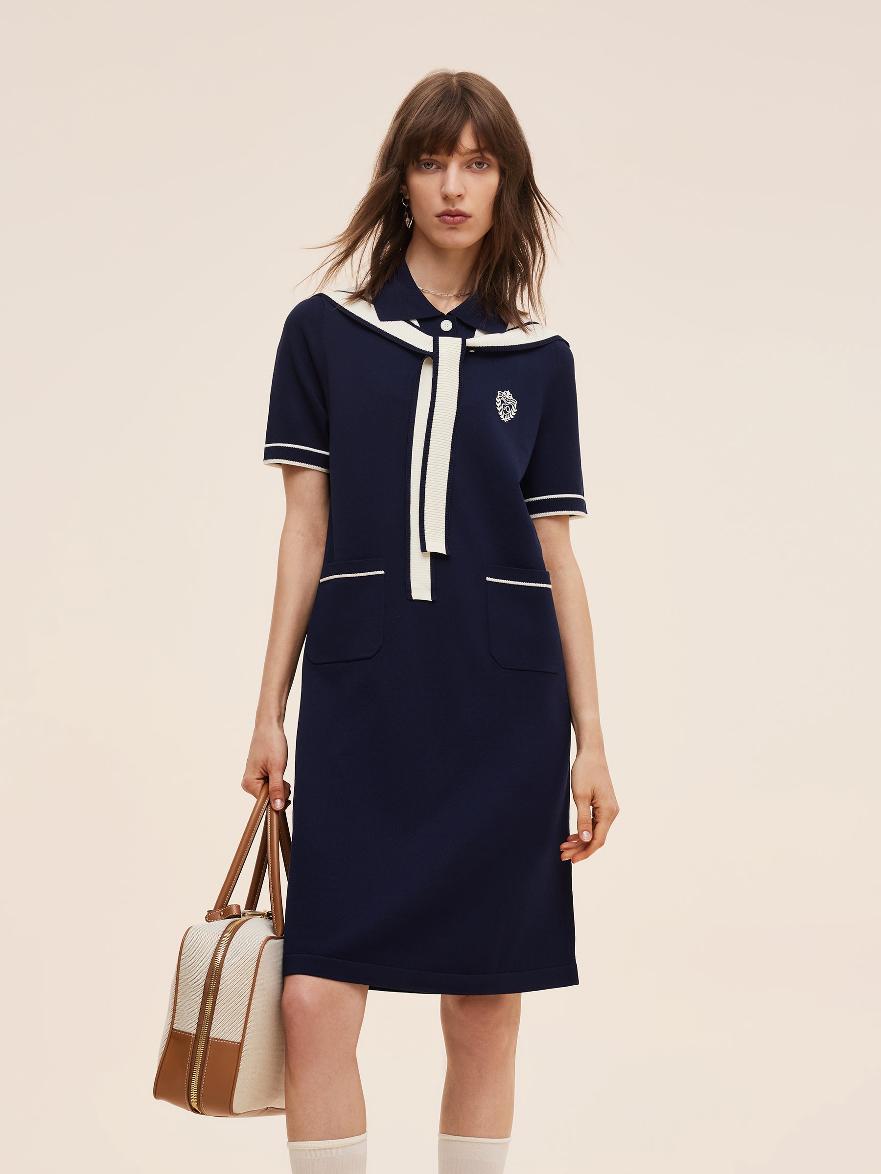 Tencel Blend Women Knit Mini Dress With Detachable Sailor Collar GOELIA