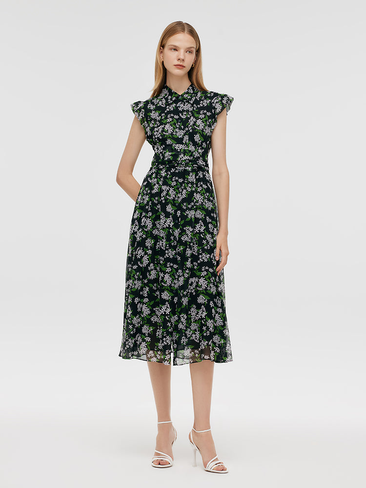 10 Momme Mulberry Silk Tied Back Women Midi Dress GOELIA
