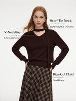 V-Neck Knit Top And Plaid Skirt Two-Piece Set With Ribbon GOELIA