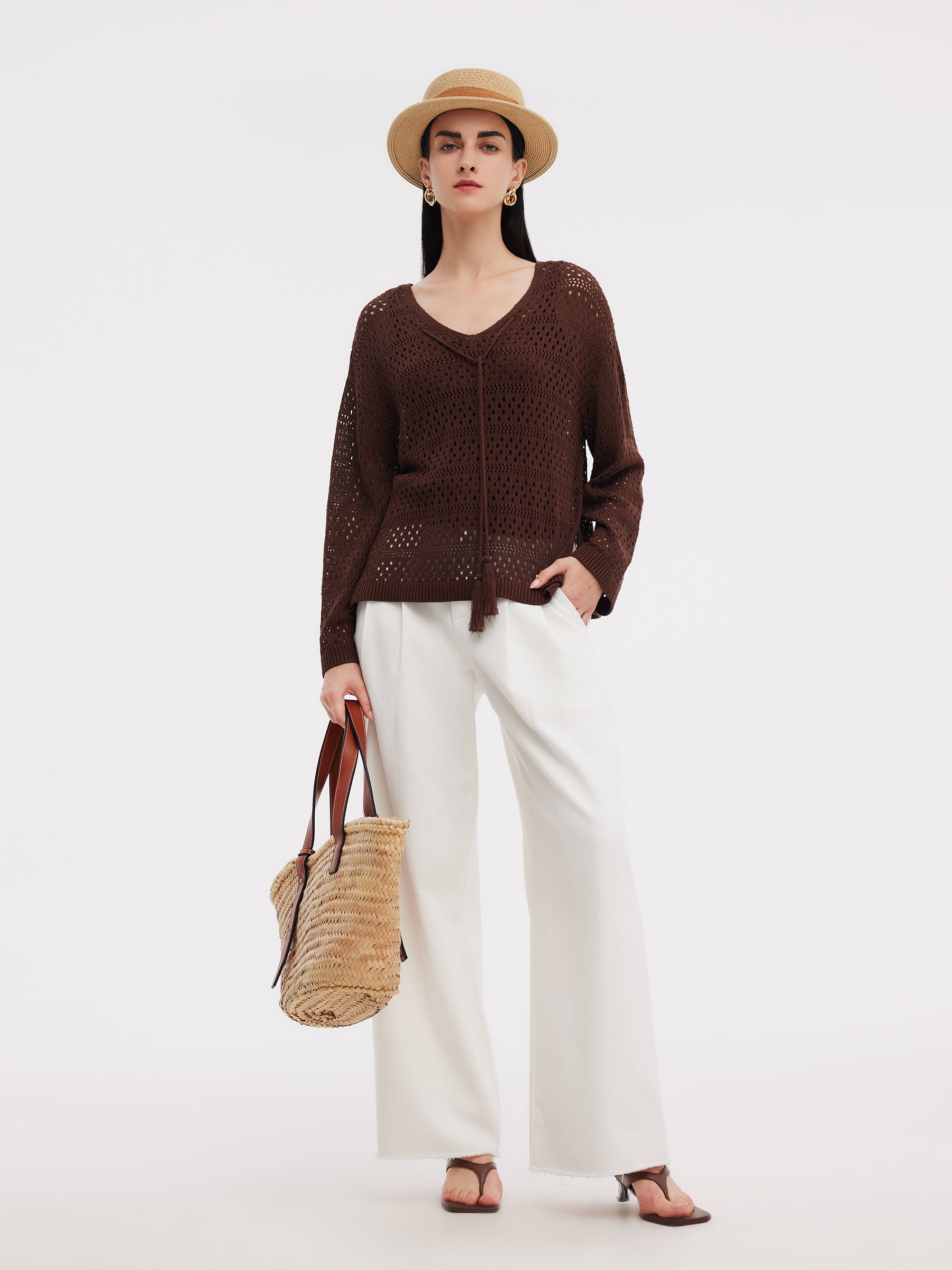 Linen Blend Openwork Pullover And Knit Tank Two-Piece Set GOELIA