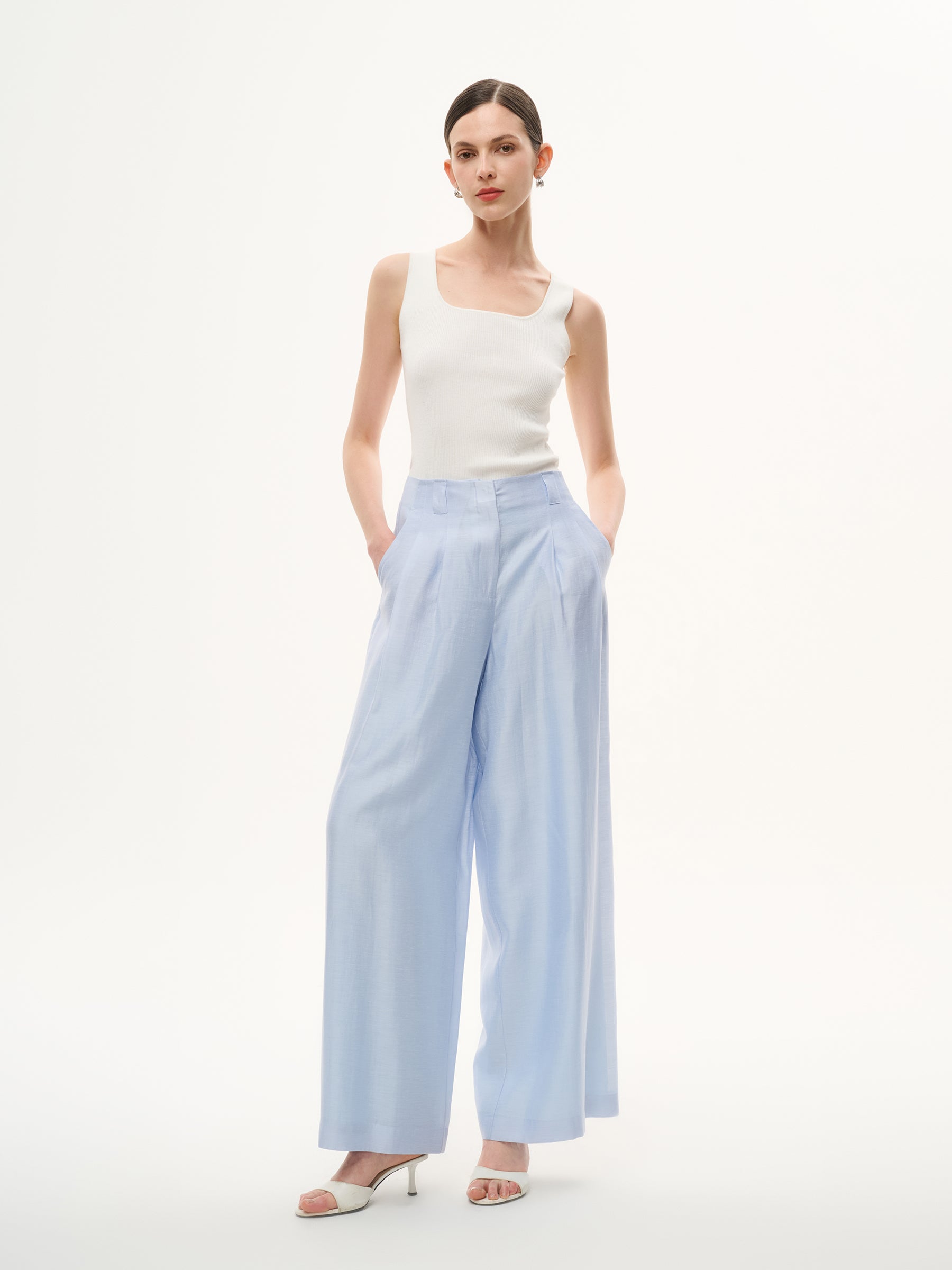 Tencel Acetate Linen Blend Women Straight Leg Pants GOELIA
