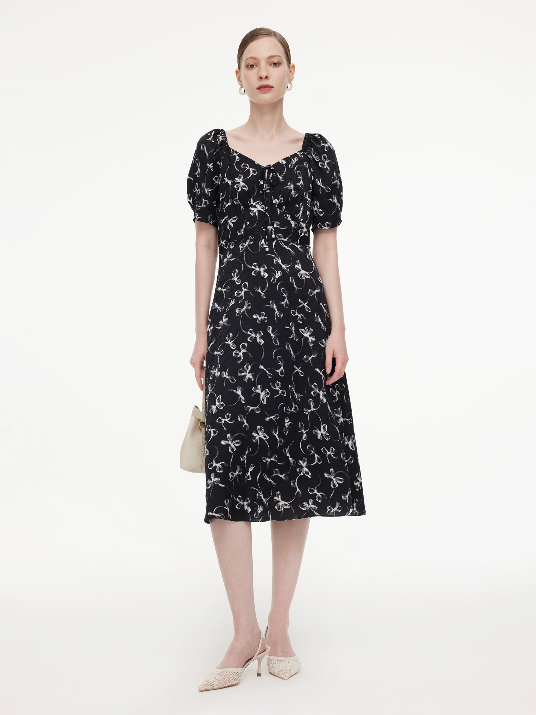 Ribbon Print Puff Sleeve Women Midi Dress GOELIA