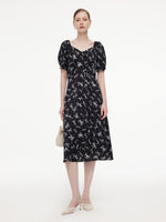 [Preview] Ribbon Print Puff Sleeve Women Midi Dress GOELIA