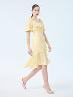 100% Cotton Ruffle Puff Sleeve Women Wrap Midi Dress GOELIA