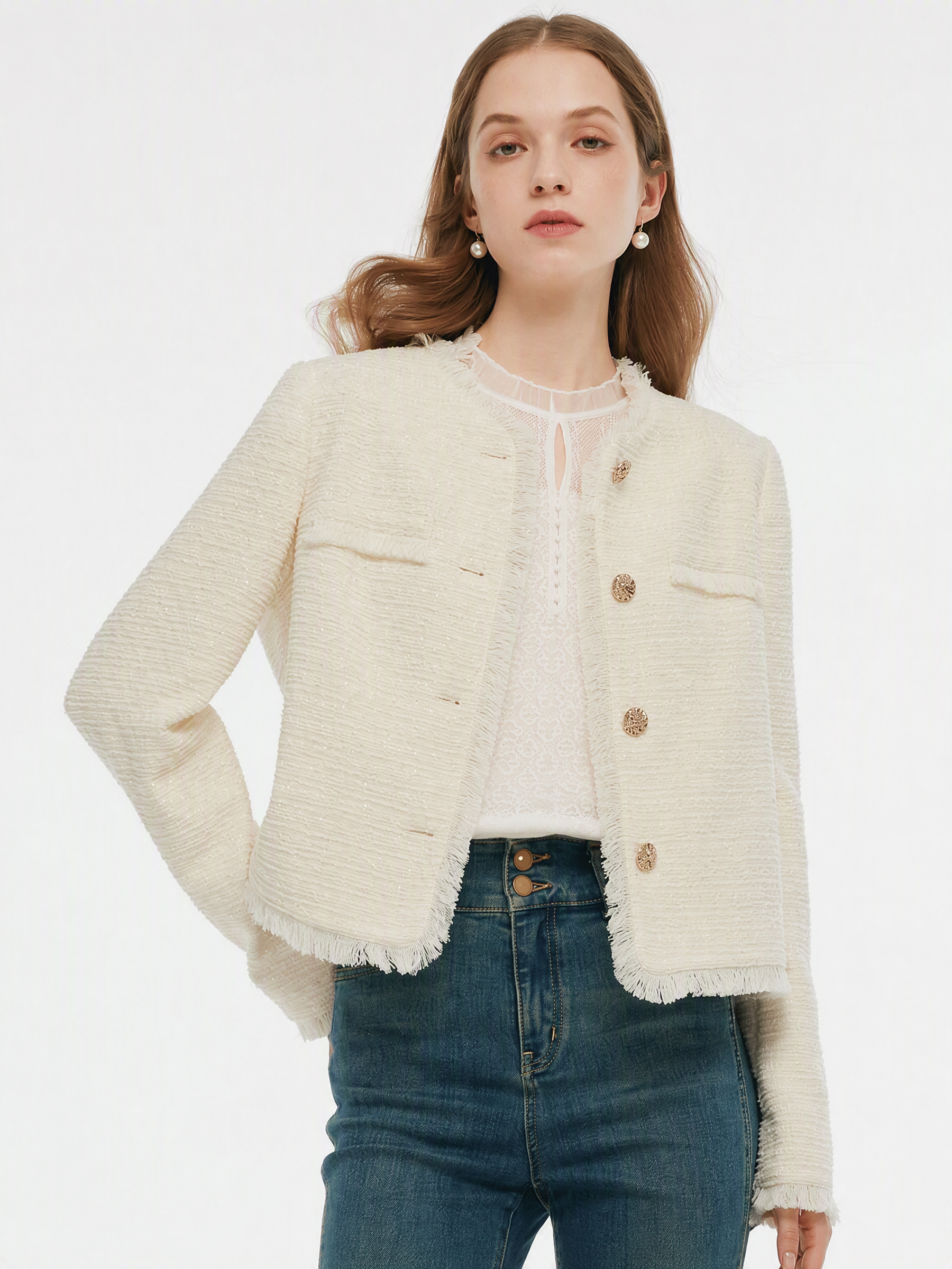 Tweed Collarless Women Crop Jacket GOELIA