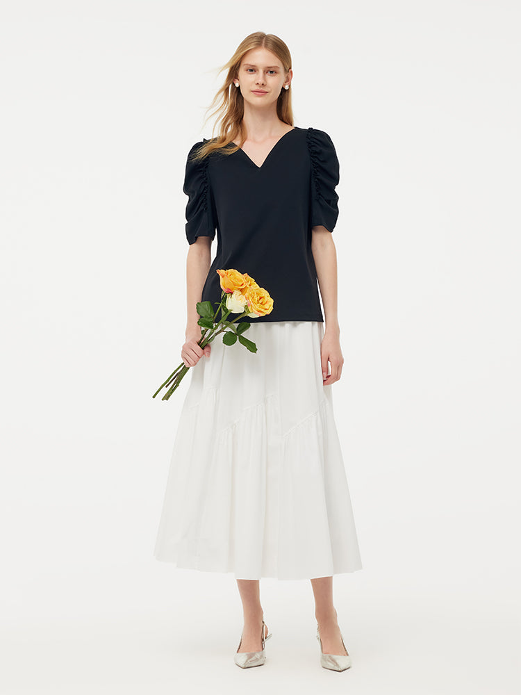 V-Neck Puff Sleeve Women Knit Top GOELIA