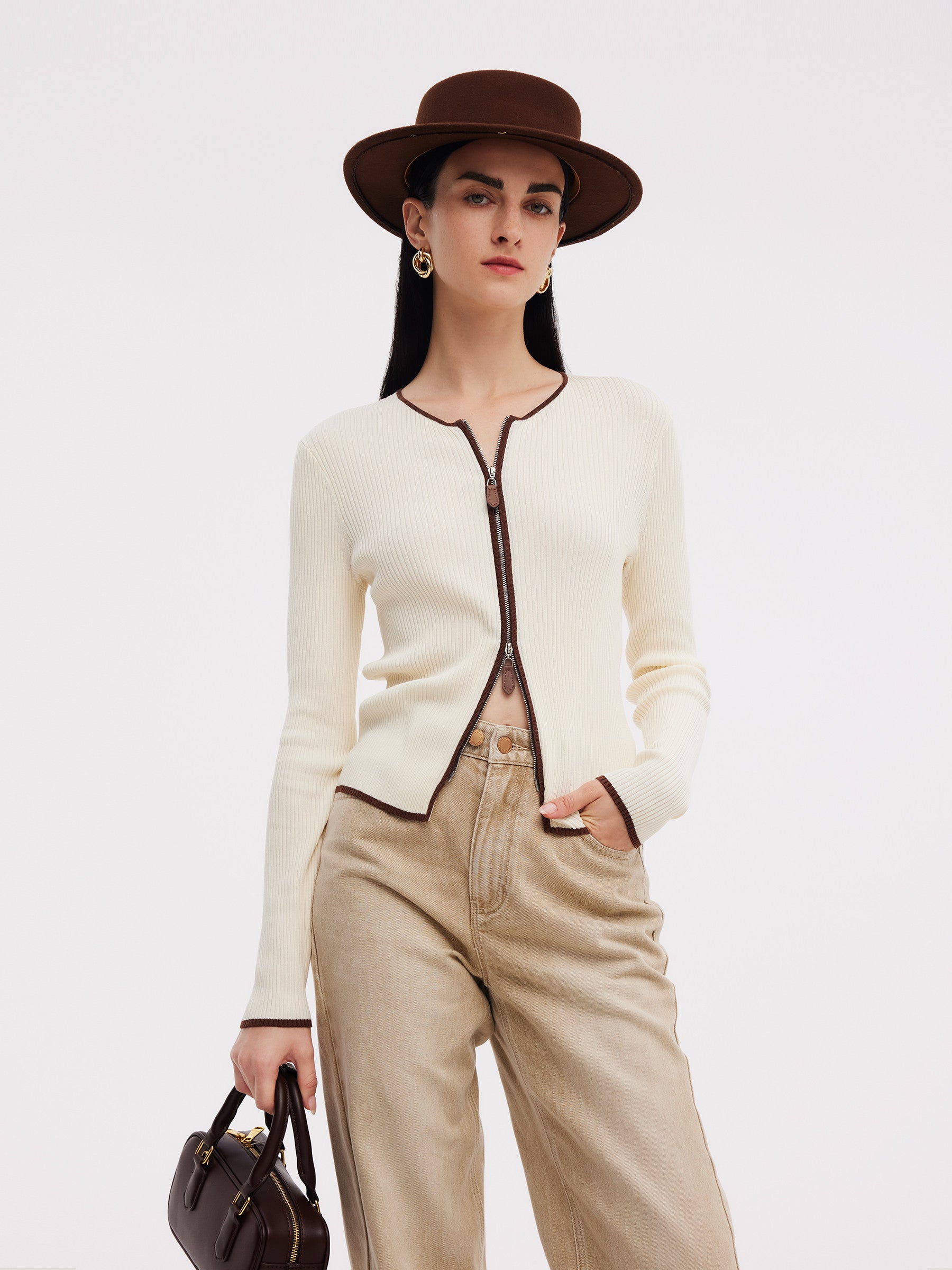 Tencel Blend Contrast Trim Zip-Up Women Cardigan GOELIA