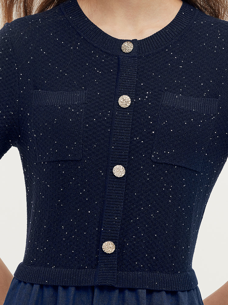 Denim Patchwork Sequins Gathered Waist Women Midi Dress GOELIA