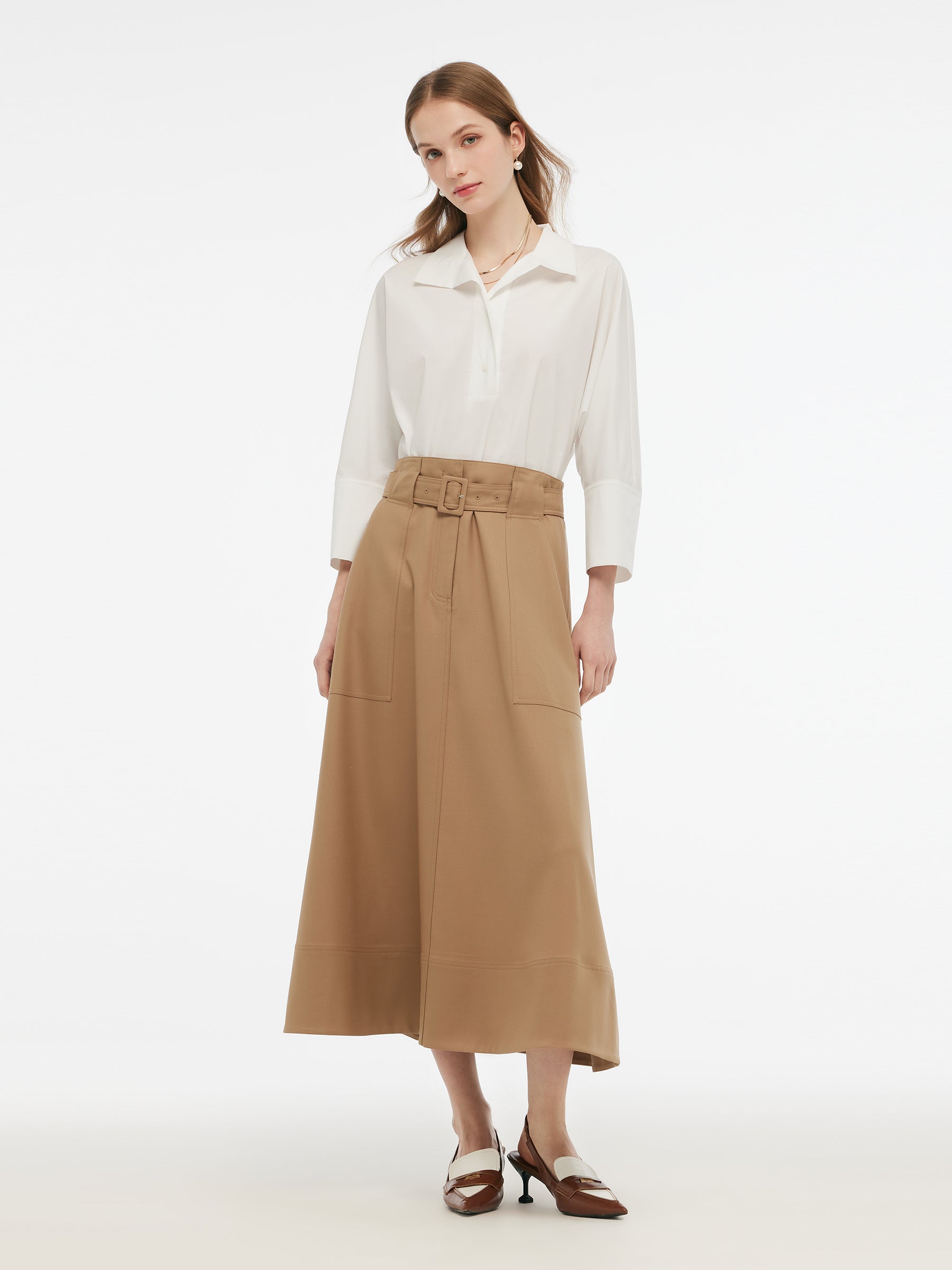 100% Worsted Wool Gathered Waist Women Flared Skirt With Belt GOELIA