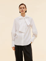 Bow Tie Front Balloon Sleeve Women Loose Shirt GOELIA
