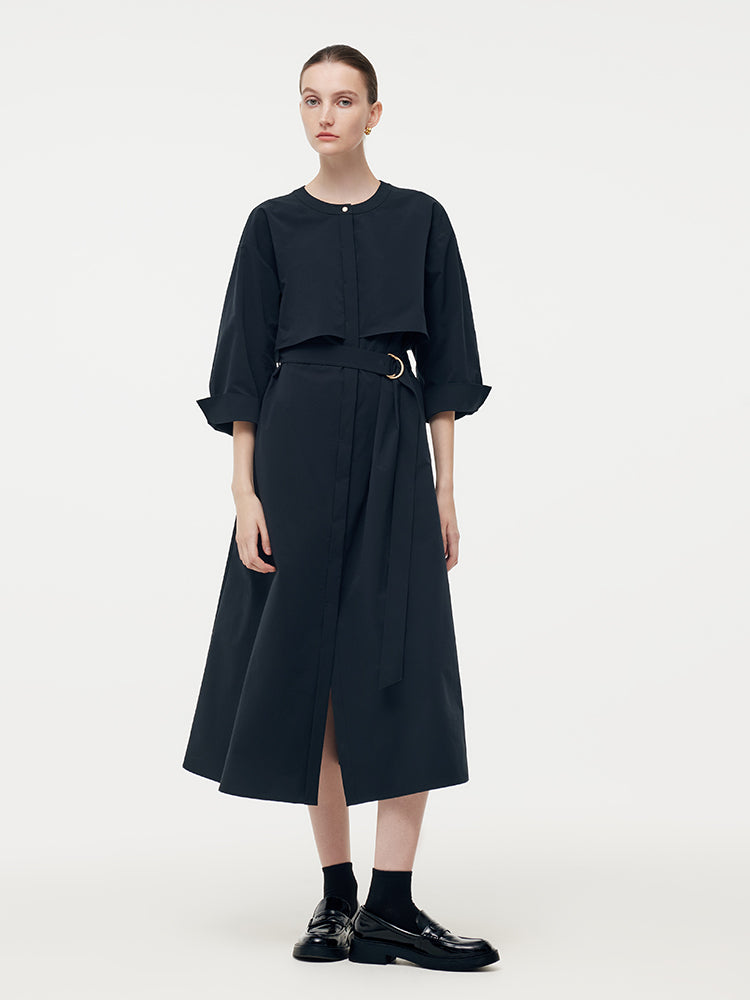 Round Neck Women Trench Maxi Dress With Belt GOELIA