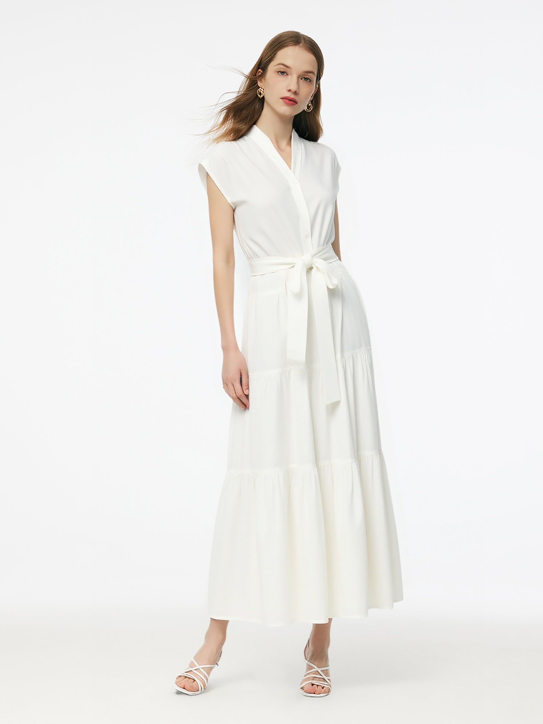 Tencel Blend Women V-Neck Maxi Dress Self Tie Belt Maxi Dress GOELIA
