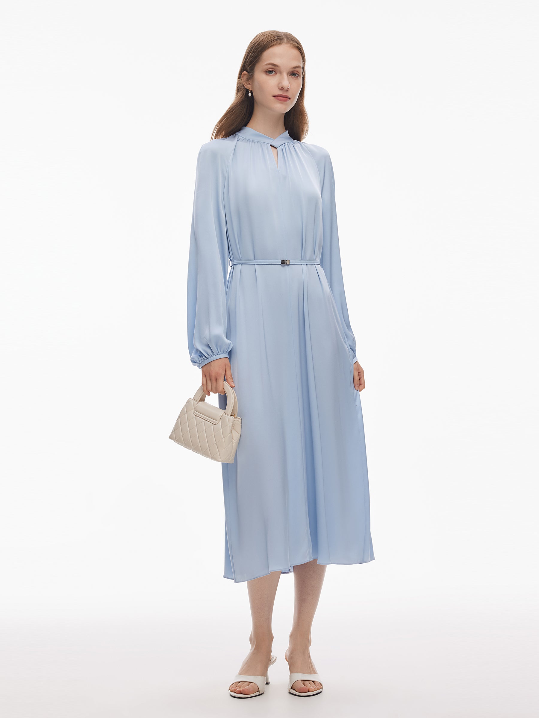 22MM Mulberry Silk Women Long Sleeve Maxi Dress With Belt GOELIA