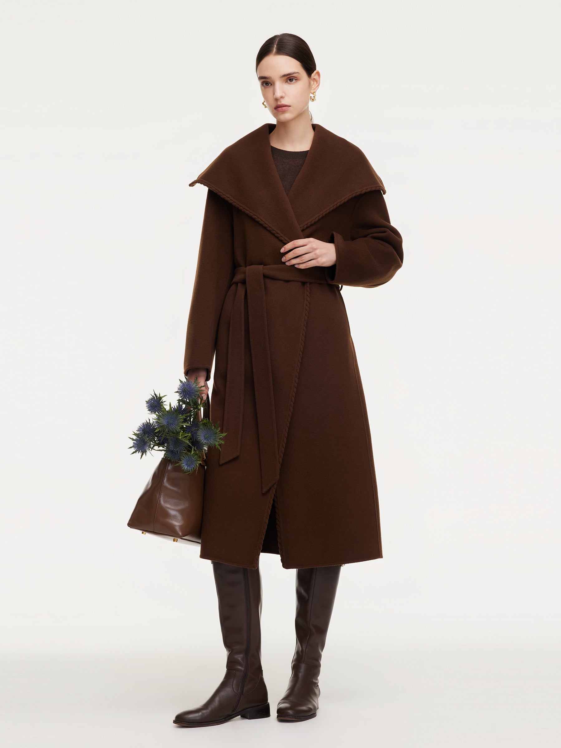 Cashmere Wool Blend Wide Collar Double-Faced Women Wrap Overcoat GOELIA