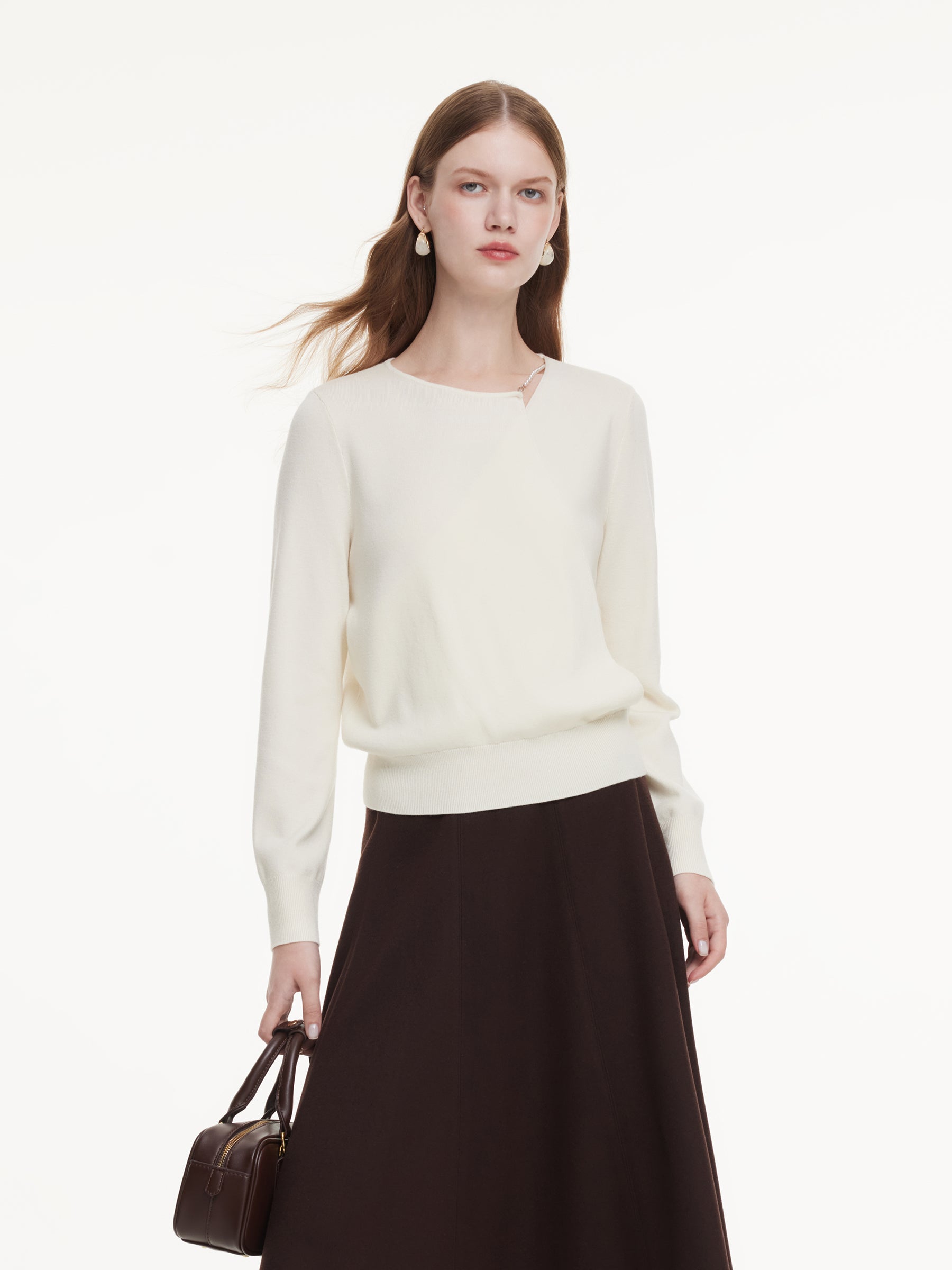 Lyocell Wool Blend Asymmetrical Neck Women Knit Top GOELIA