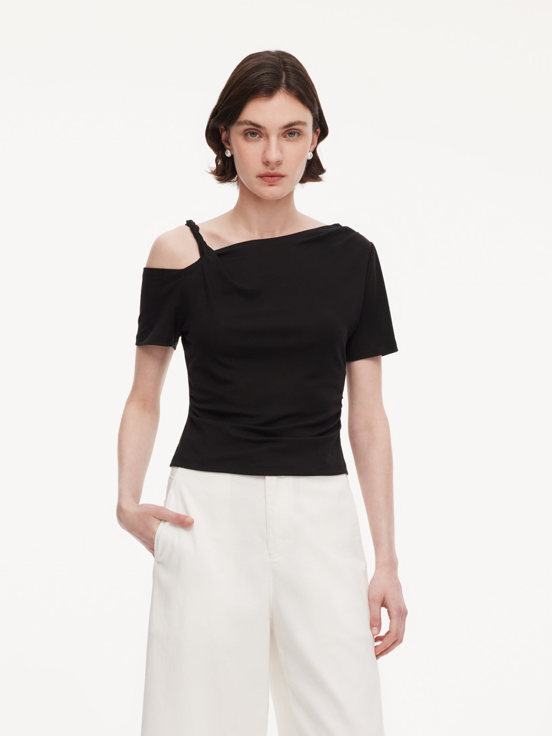 Tencel Blend Stretch One-Shoulder Women Knit Top GOELIA