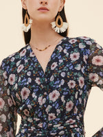 10MM Mulberry Silk Floral Print Women V-Neck Maxi Dress GOELIA