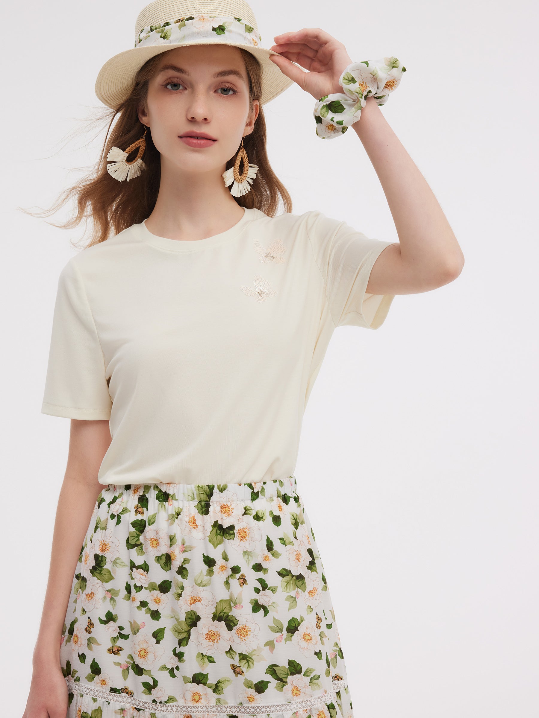 Tencel Blend Butterfly Sequin Embroidered Women T-Shirt GOELIA