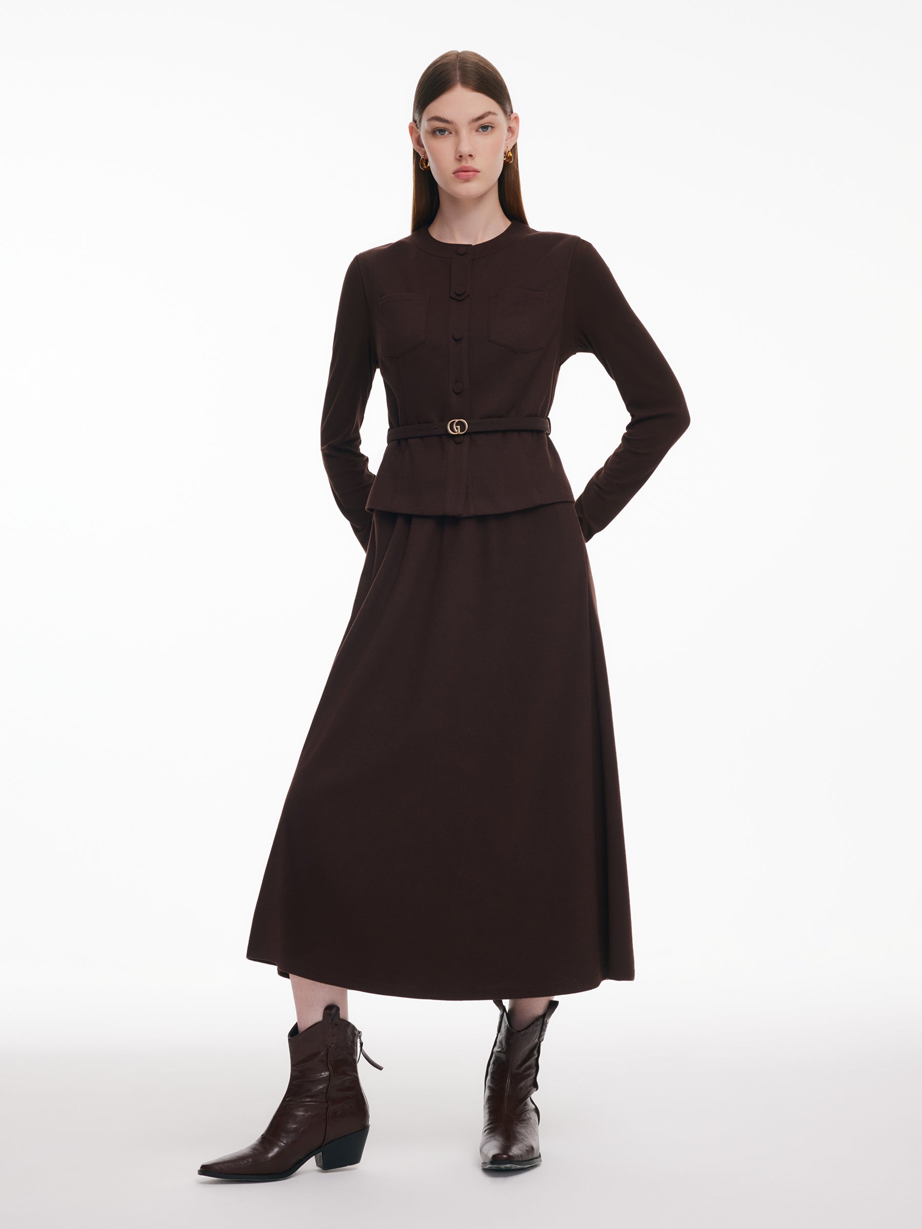 [Preview] Stretchy Vest And Dress Two-Piece Set With Silk & Belt GOELIA