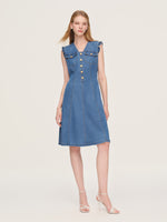 Lyocell Blend Denim V-Neck Women Sleeveless Midi Dress GOELIA