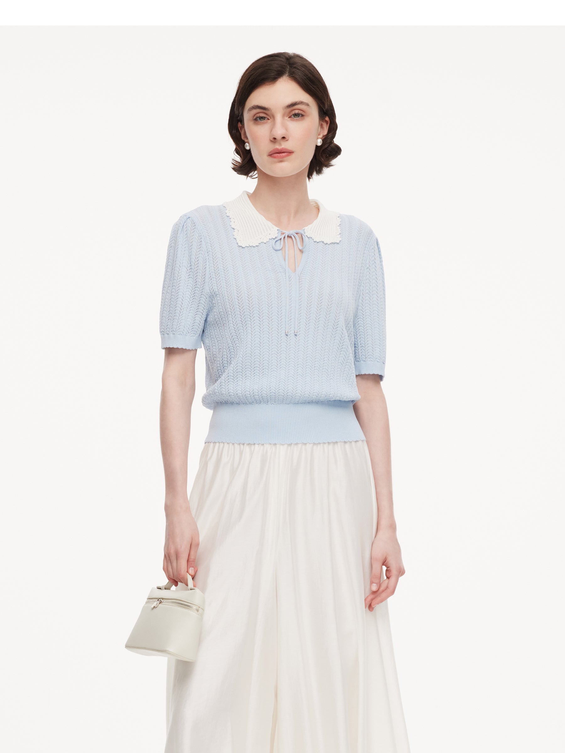 Tencel Blend Color Block Tie Front Women Openwork Knit Top GOELIA