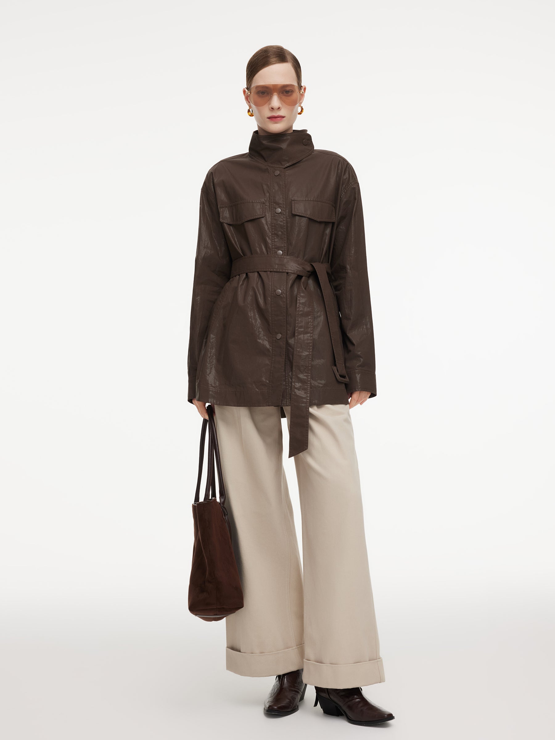 100% Cotton Stand Collar Women Mid Length Trench Coat With Belt GOELIA