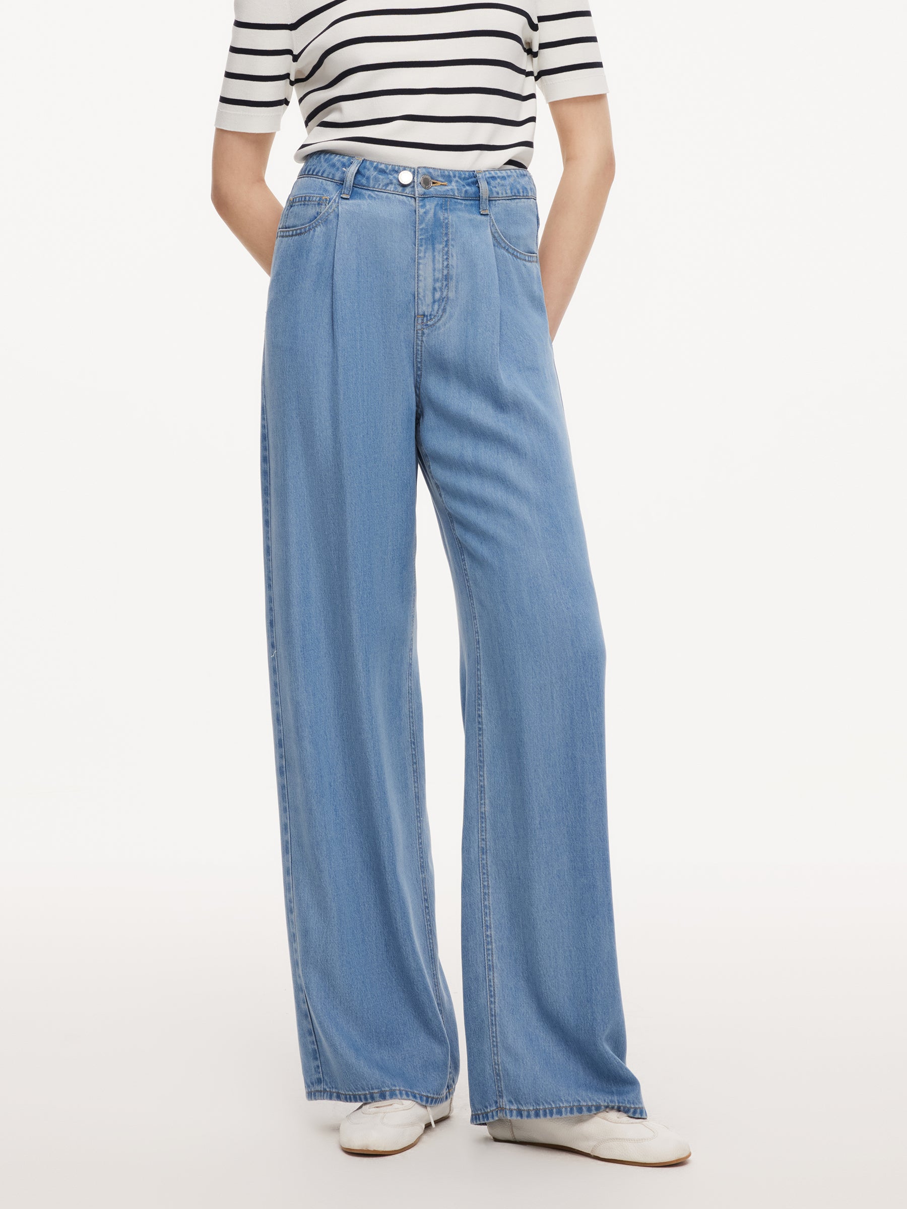 [Preview] 100% Lyocell Denim Women Straight Leg Jeans With Belt GOELIA