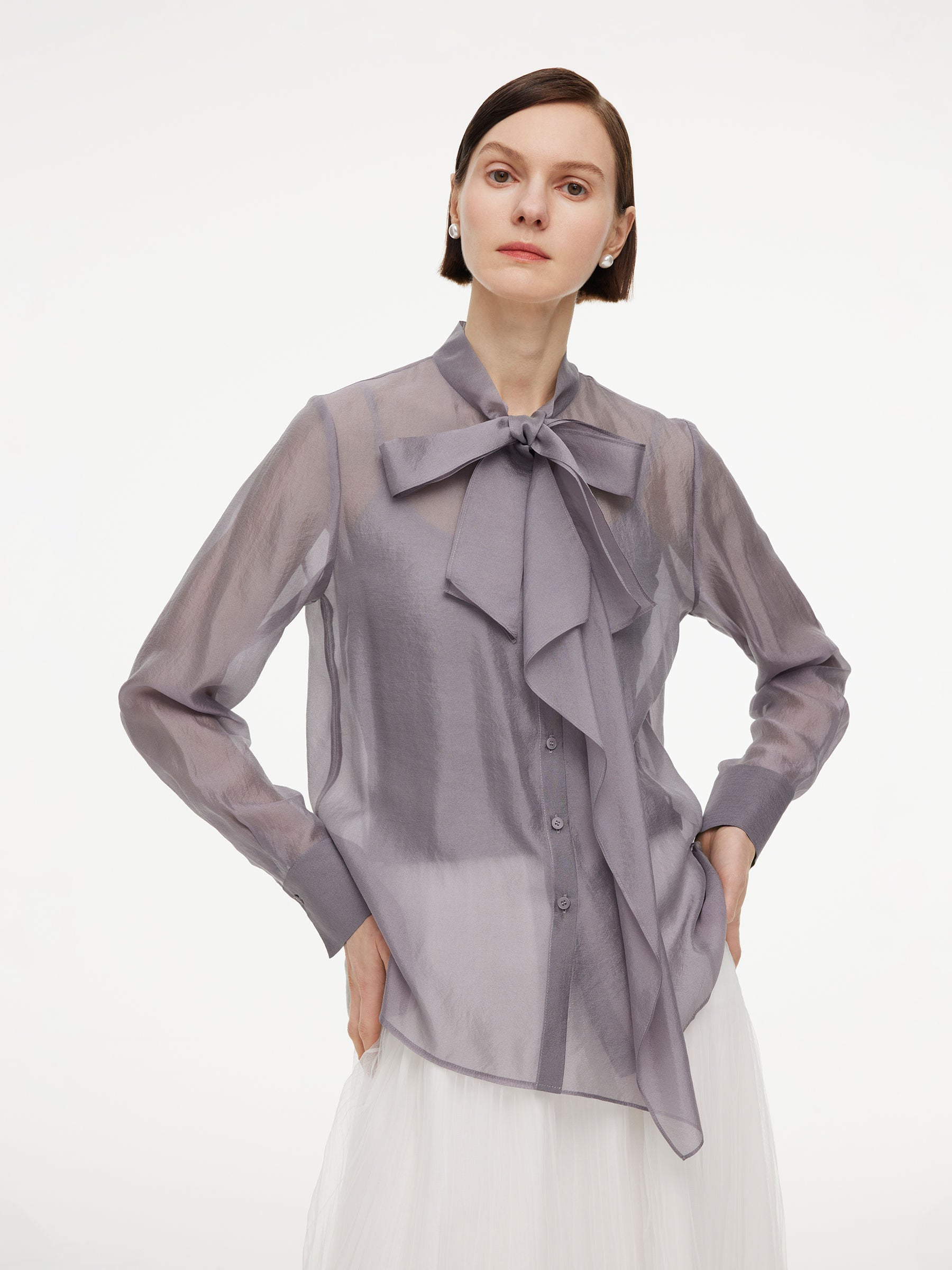Ribbon Neck Women Shirt With Knit Camisole GOELIA