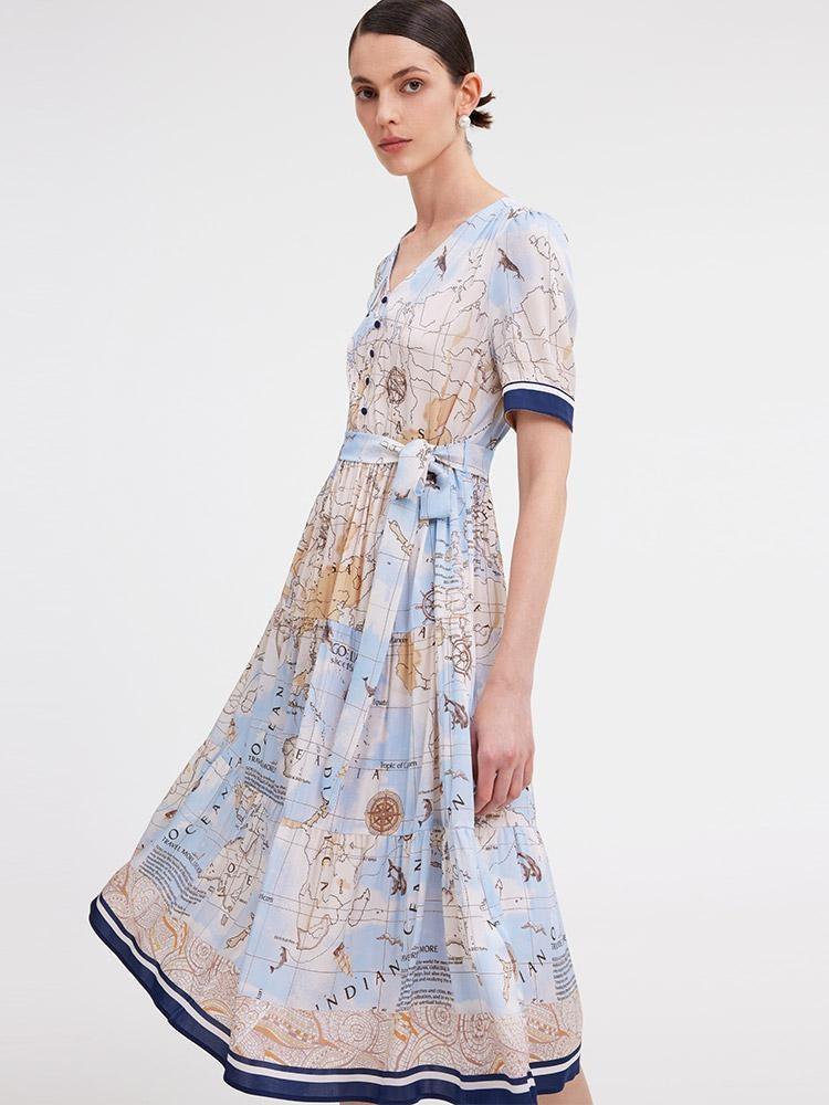 19 Momme Silk Map Printed Dress GOELIA