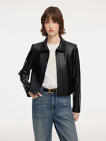 PU Leather Embroidered Trim Women Cropped Jacket GOELIA