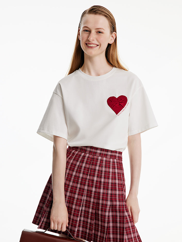 White Basic Heart Print T-Shirt GOELIA