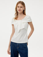 100% Cotton Stretch Off Shoulder Women Knit Bow Top GOELIA