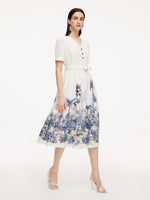 Tencel Linen Floral Print Women V-Neck Midi Dress With Self-Tie Belt GOELIA