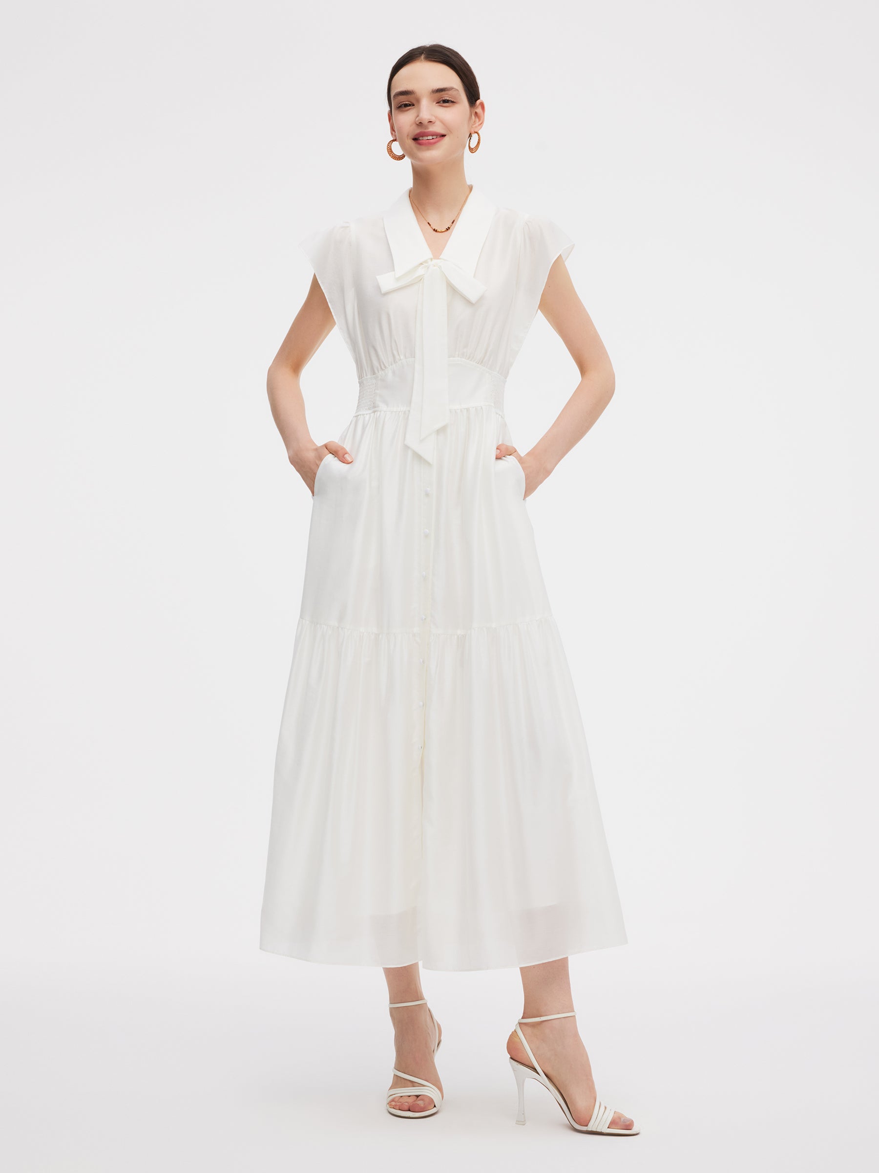 Tencel Blend Women Cap Sleeve Maxi Dress With Ribbon GOELIA