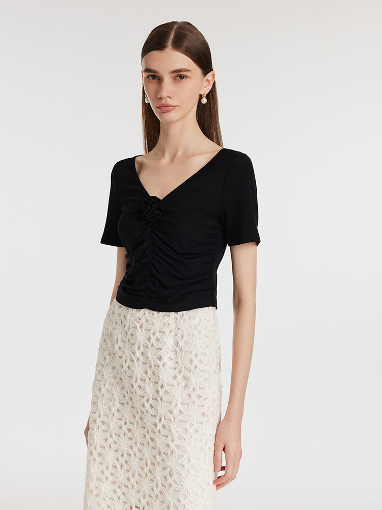 Ruched Women Knitted Top With Detachable 3D Rose GOELIA