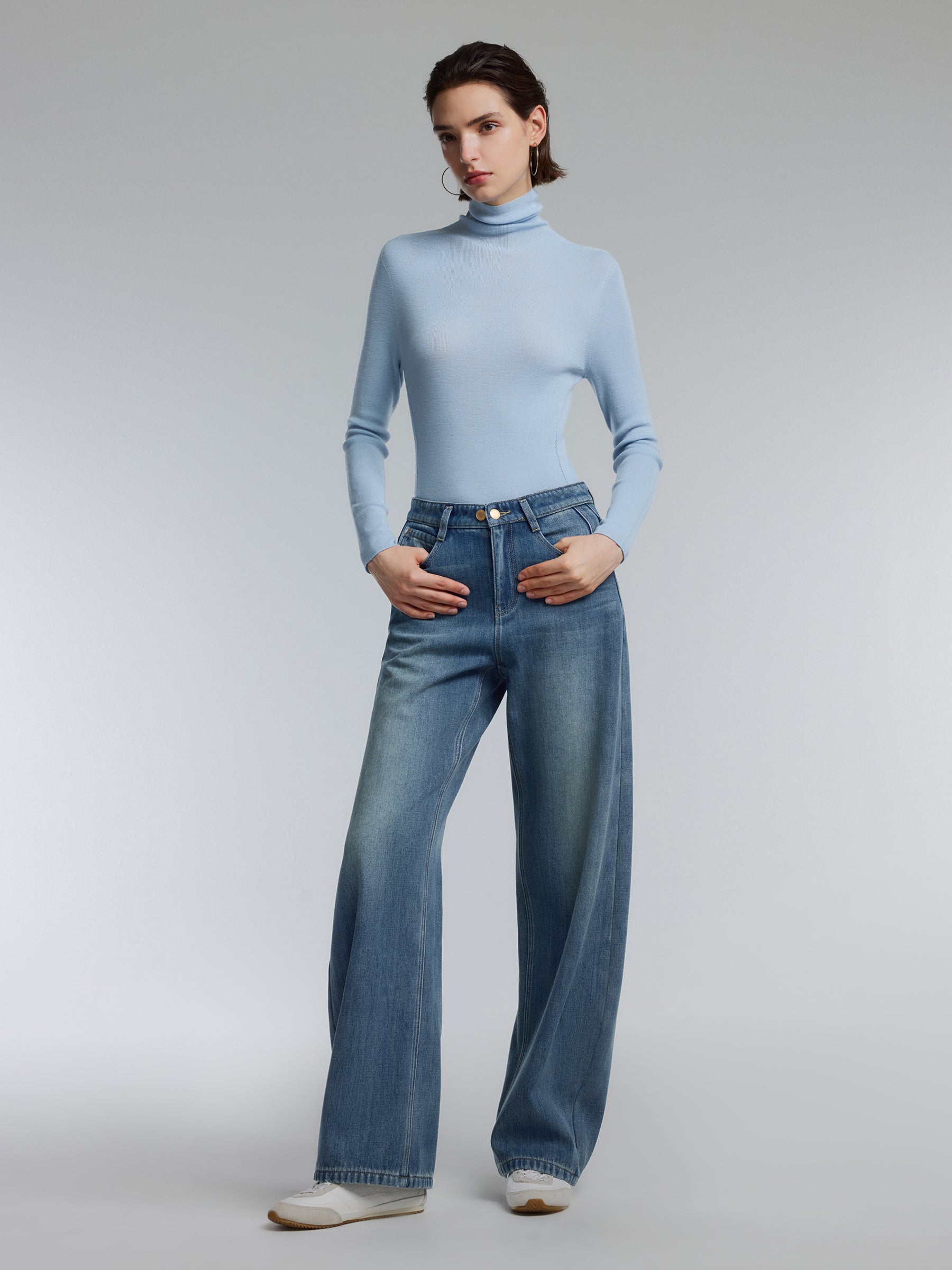 100% Cotton Denim Fleece Lined Women Curved Jeans GOELIA