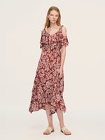 Marigold Floral Print Cold Shoulder Women Strap Maxi Dress GOELIA