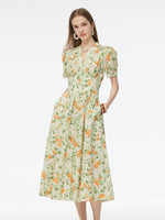 Cotton Gathered Waist Floral Print Women Maxi Dress GOELIA