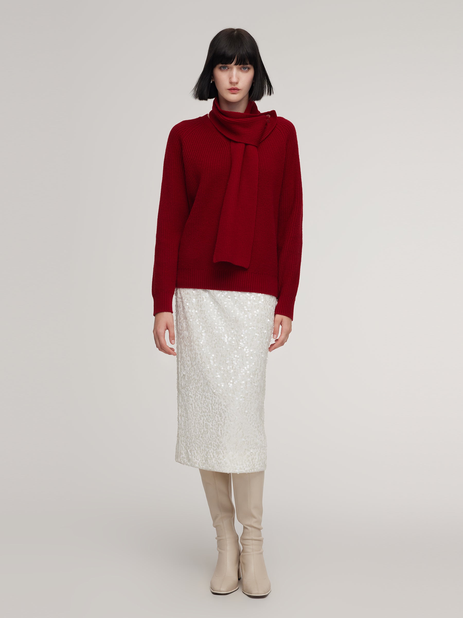 Wool Blend V-Neck Women Knit Top With Detachable Scarf GOELIA