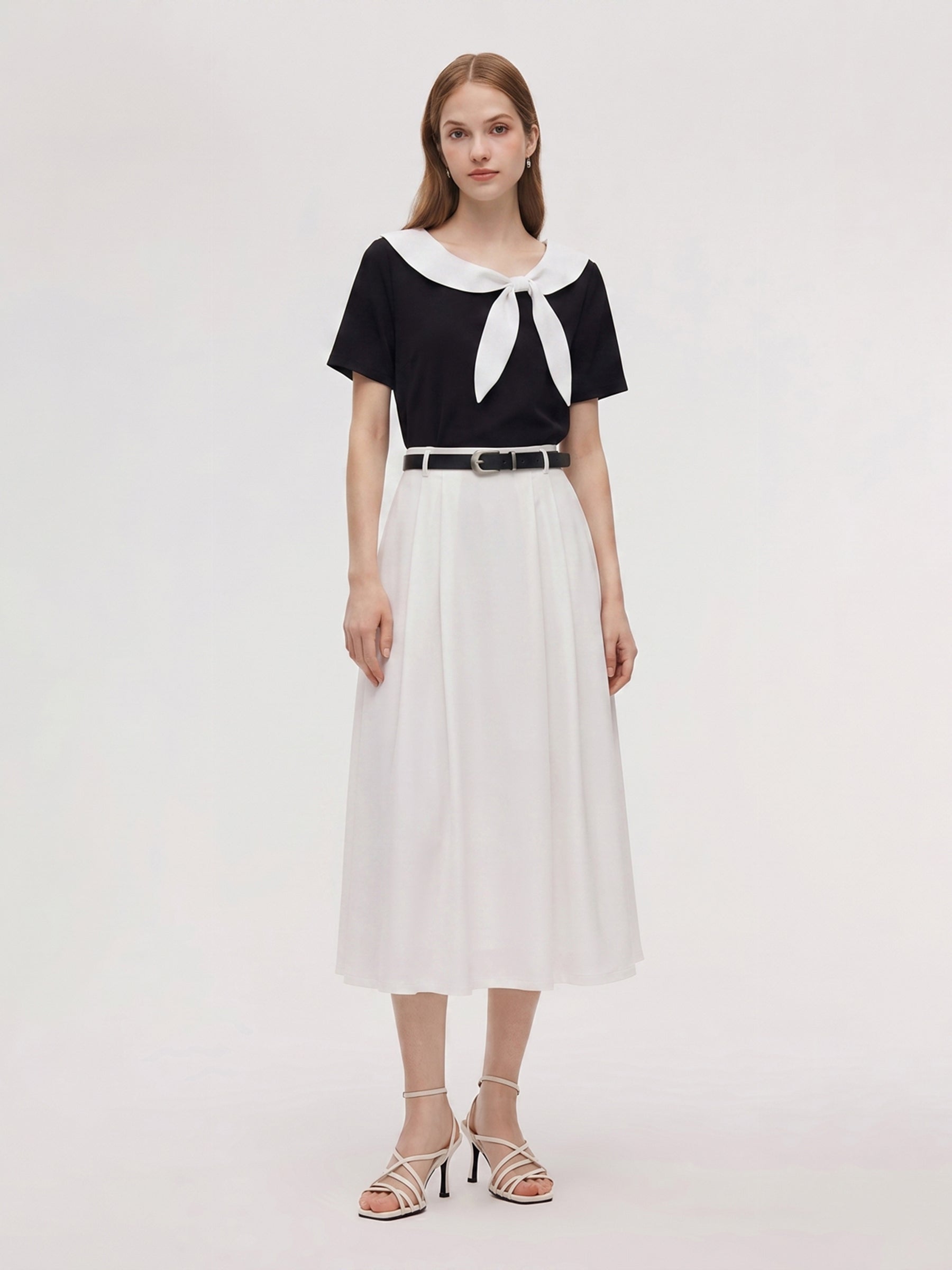 Bowknot T-Shirt And Skirt Two-Piece Set With Belt GOELIA