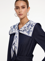 V-Neck Belted Women Denim Look Maxi Dress With Detachable Floral Print Silk Collar GOELIA