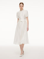 Tencel Blend Ruffle Neck Puff Sleeves Women Belted Maxi Dress GOELIA