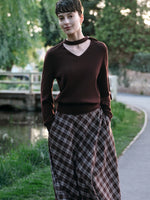 [Preview] V-Neck Knit Top And Plaid Skirt Two-Piece Set With Ribbon GOELIA