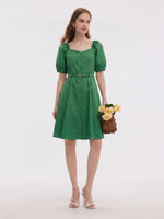 [Preview] Cotton Blend Square Neck Women Belted Midi Dress GOELIA