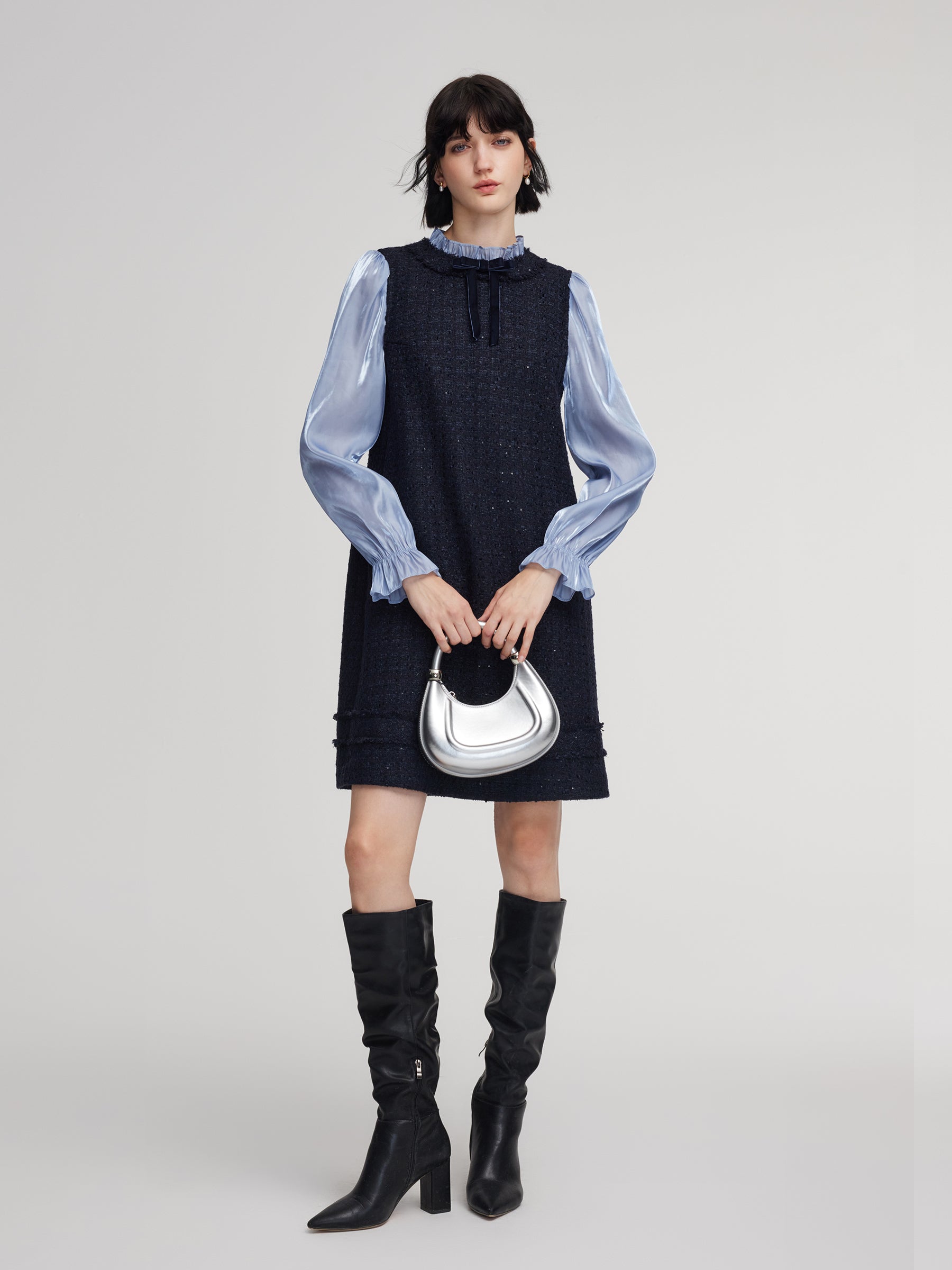 Wool Blend Tweed Sequins Faux Two-Piece Women Mini Dress GOELIA