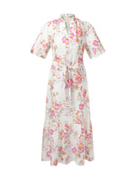 100% Linen Rose Print Women Maxi Dress With Belt GOELIA