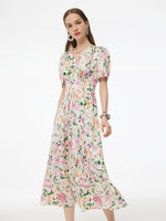 19MM Mulberry Silk Floral Print V-Neck Women Maxi Dress GOELIA