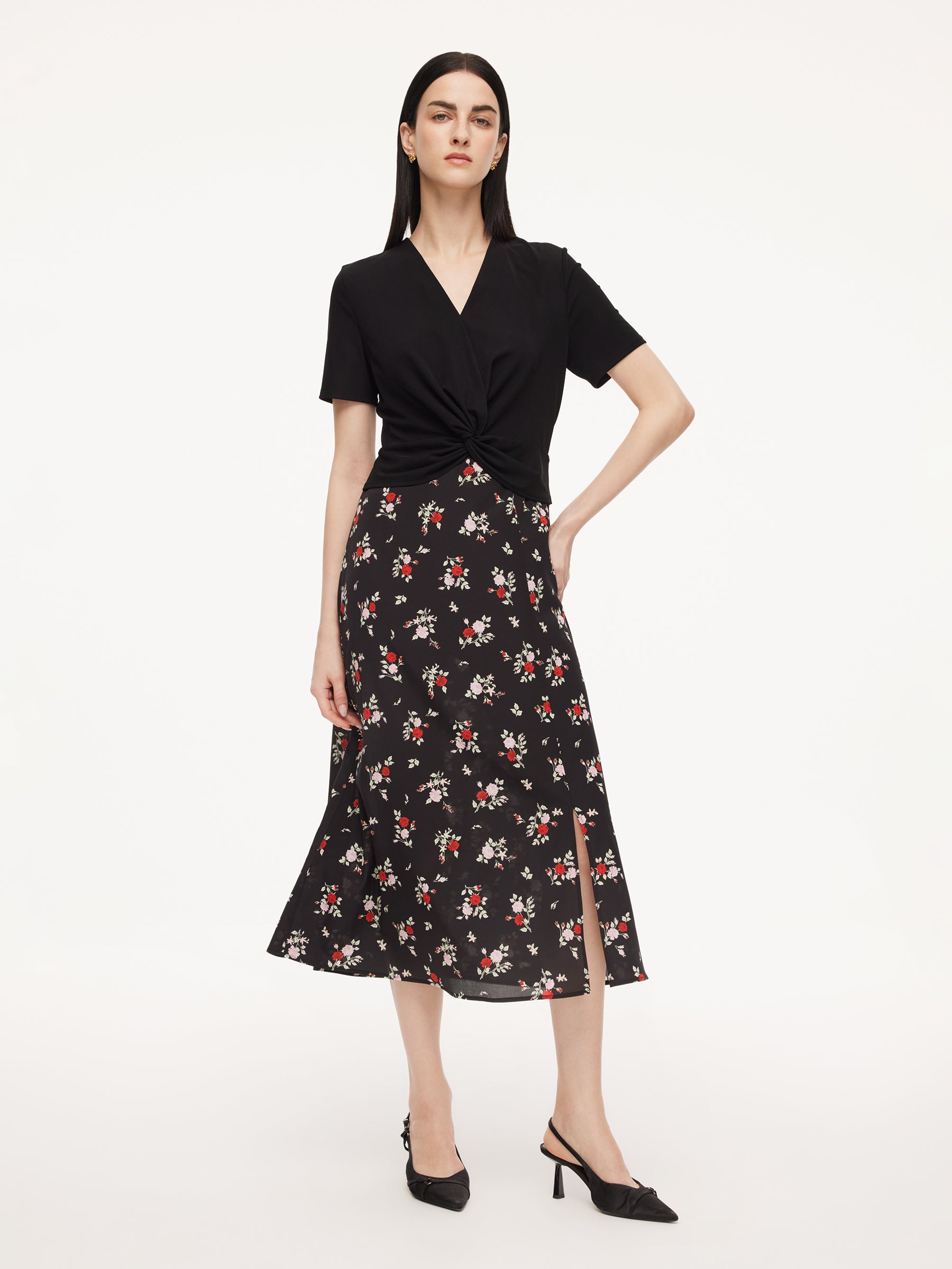16MM Mulberry Silk Acetate Blend Patchwork Women Side Slit Maxi Dress GOELIA