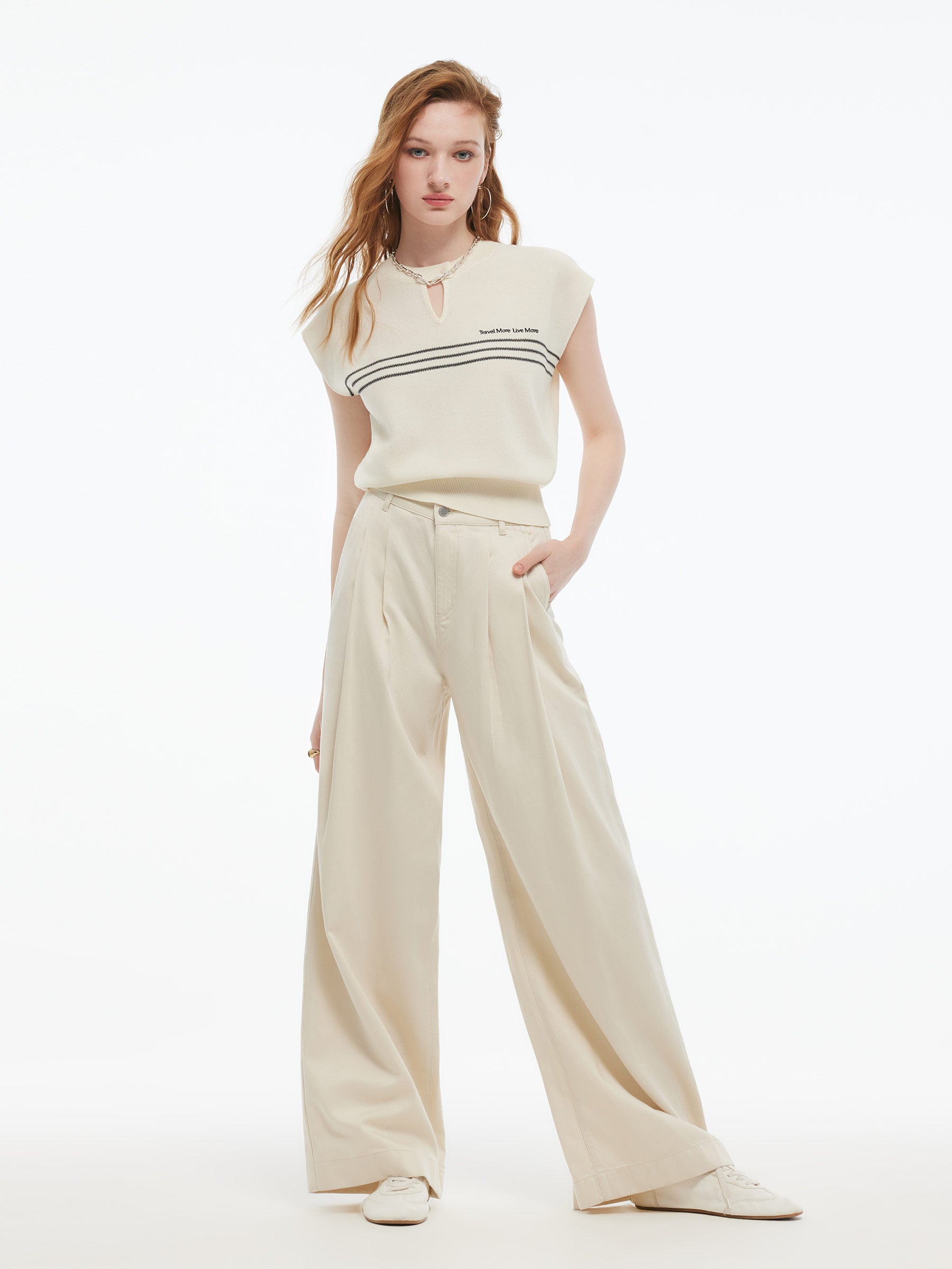 Tencel Blend Stripe Letter Print Women Cap Sleeve Knit Top GOELIA