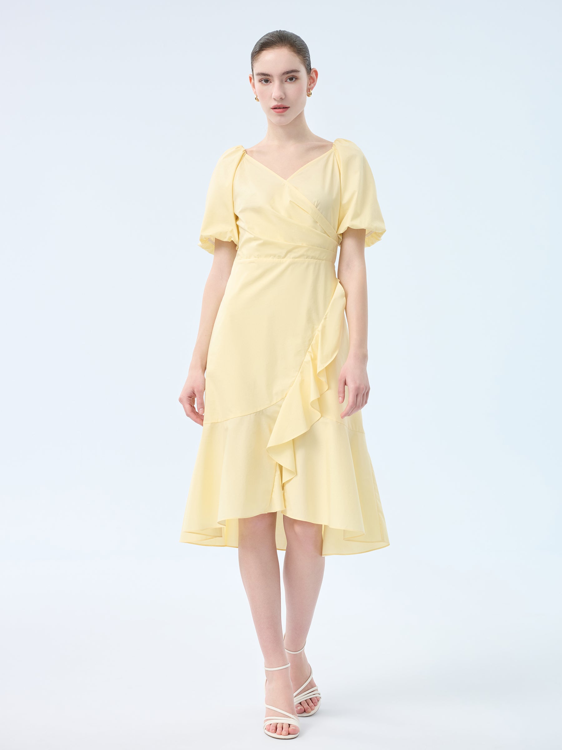 100% Cotton Ruffle Puff Sleeve Women Wrap Midi Dress GOELIA